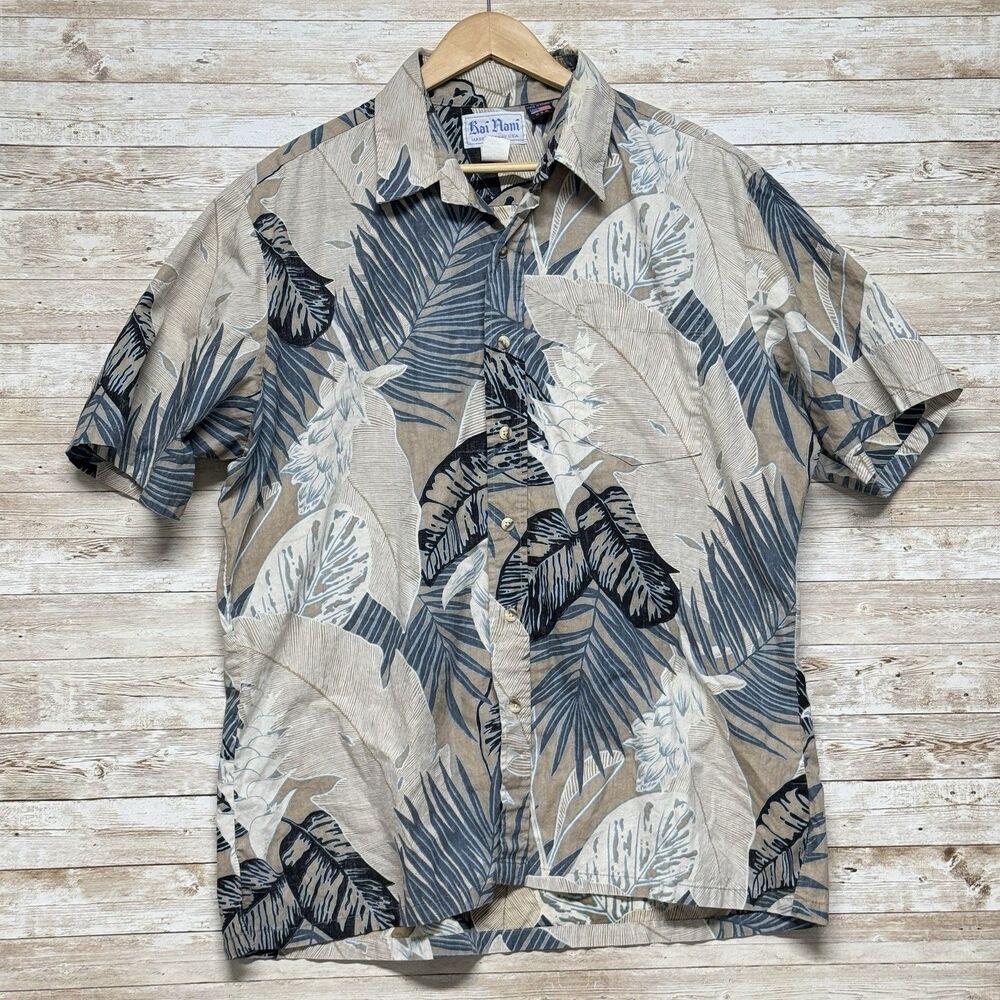 Kai Nani Vintage Mens Hawaiian Shirt XL Navy White Floral Tropical Palm Hawaii